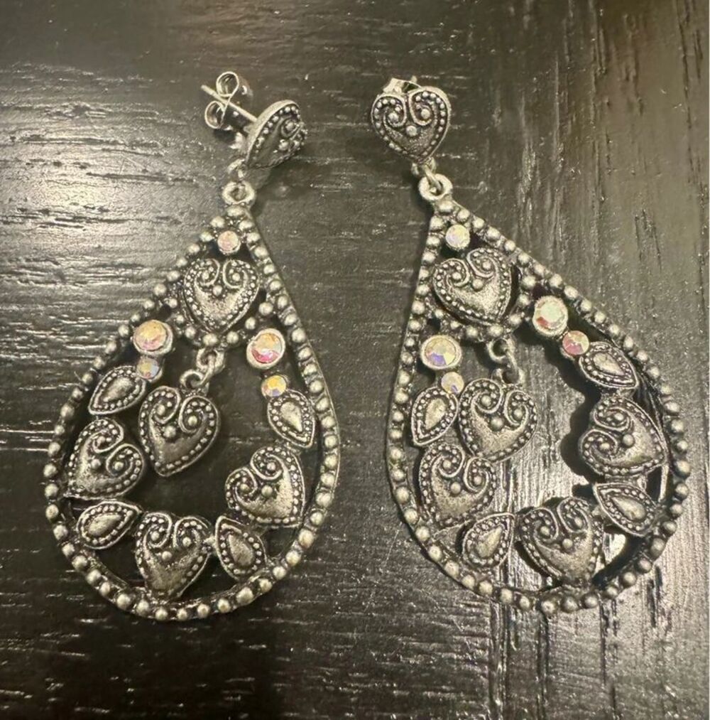 Gothic Romantic Filigree Silver Heart Teardrop Statement Earrings
